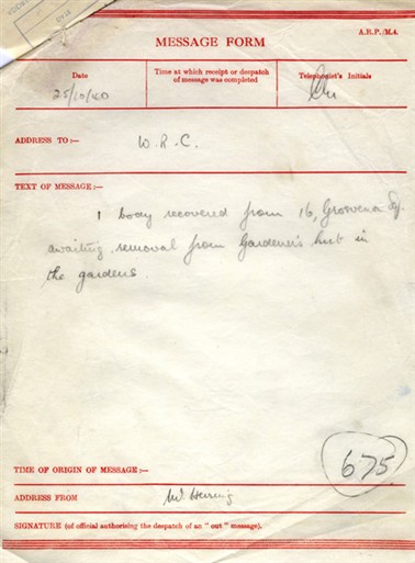 Photo:ARP Message Form, 15 Grosvenor Square, 25 October 1940